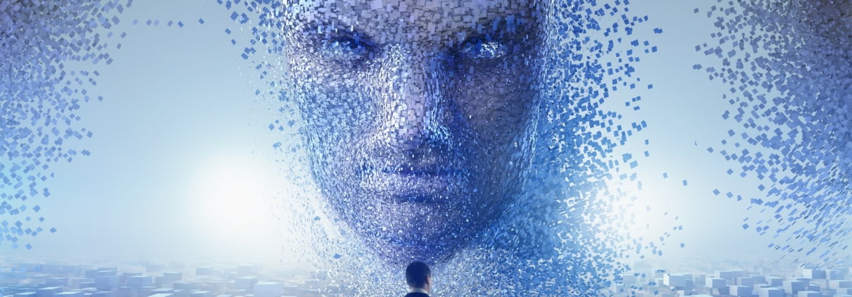 An Ai face looks down on a human.
