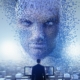An Ai face looks down on a human.