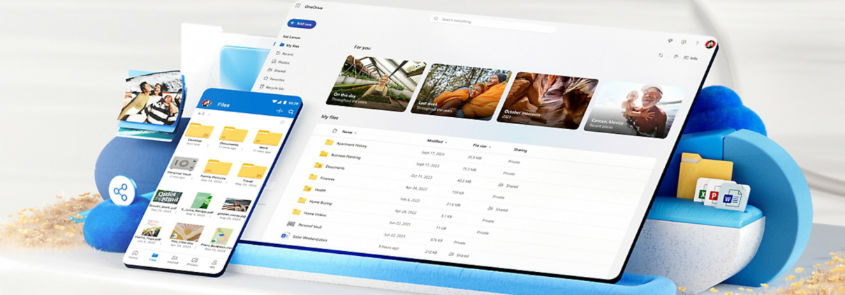 A promotional image for Microsoft OneDrive, showing a stylized collage of a tablet, phone, and application icons together