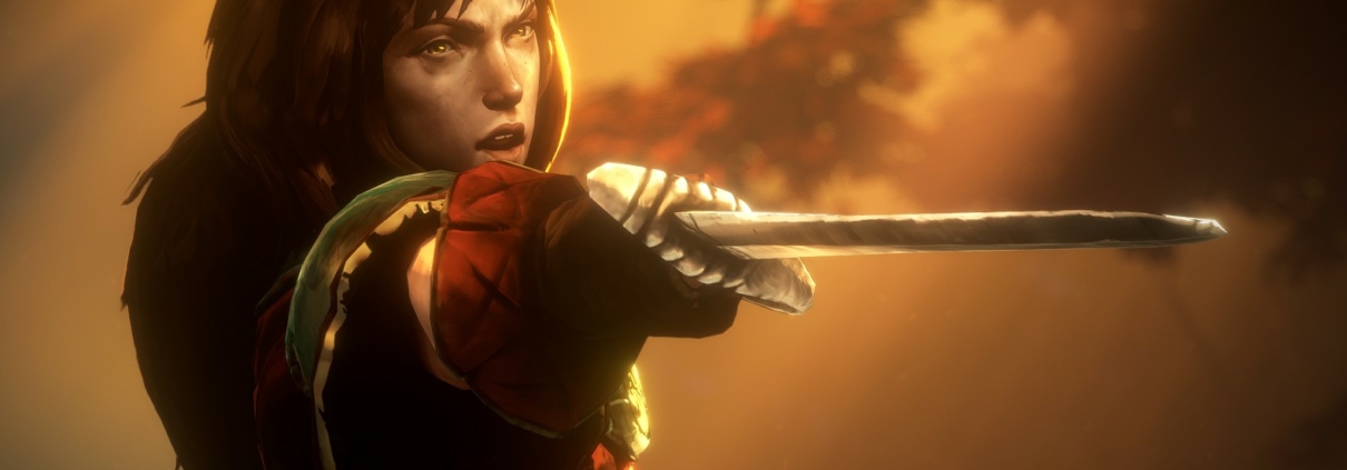 A woman from No Rest For the Wicked holding a sword at shoulder height