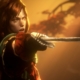 A woman from No Rest For the Wicked holding a sword at shoulder height