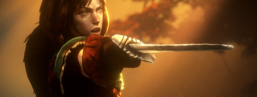A woman from No Rest For the Wicked holding a sword at shoulder height
