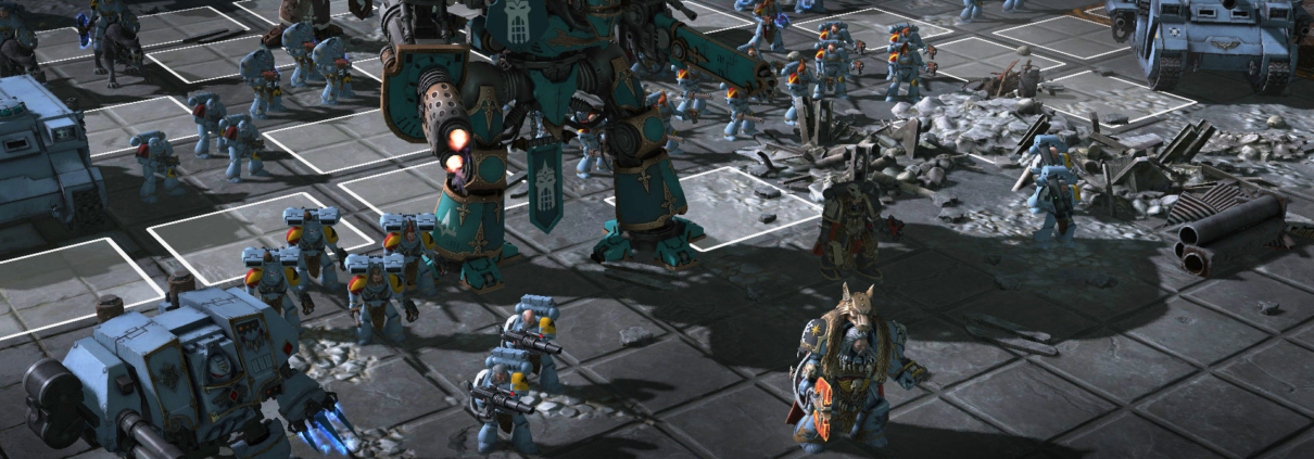 A space marine army is assembled on a grid in Warhammer 40,000: Sanctus Reach