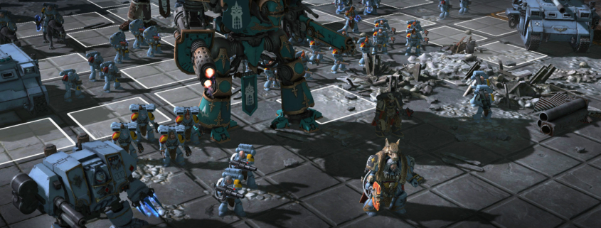 A space marine army is assembled on a grid in Warhammer 40,000: Sanctus Reach