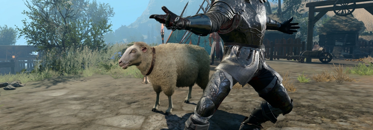 Half Orc Knight posing next to sheep Harvard Willoughby in Baldur's Gate 3