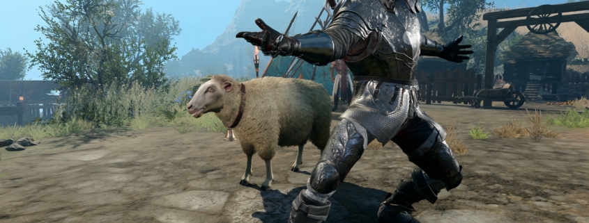 Half Orc Knight posing next to sheep Harvard Willoughby in Baldur's Gate 3