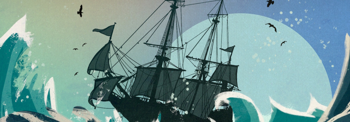 Campfire Cabal &quot;Sunstone Teaser&quot; image - hand-drawn tall ship in high seas