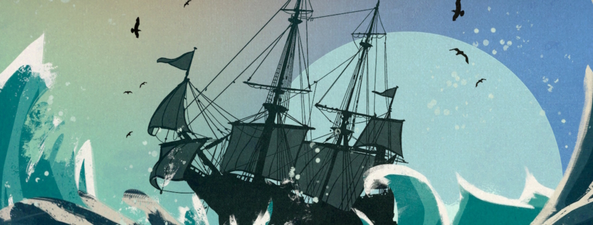 Campfire Cabal &quot;Sunstone Teaser&quot; image - hand-drawn tall ship in high seas