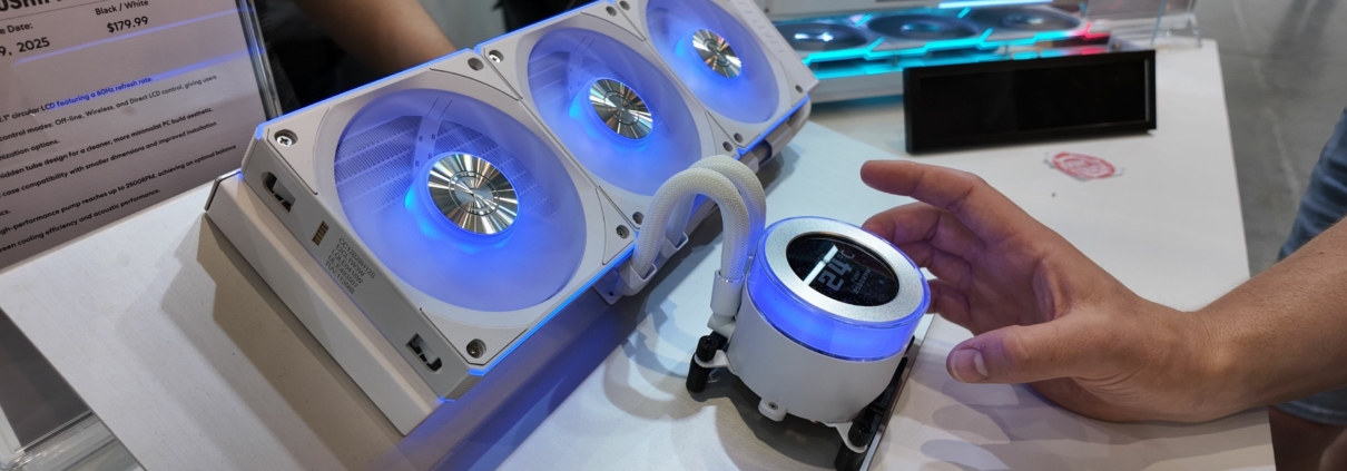 A photo of a Lian Li Hydroshift LCD-C LC AIO liquid CPU cooler, as displayed at Computex 2025