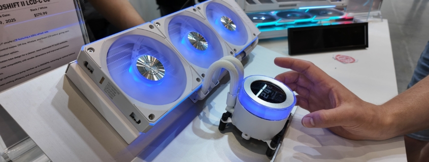 A photo of a Lian Li Hydroshift LCD-C LC AIO liquid CPU cooler, as displayed at Computex 2025