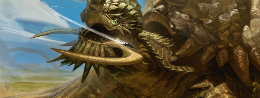 A giant chelonian monster snaps at a flying car