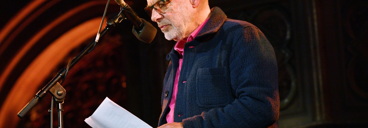 LONDON, ENGLAND - APRIL 18: Brian Eno speaks during SUMUD, a fundraising event for Palestine, organised by the Amos Trust, at Union Chapel on April 18, 2024 in London, England. Sumud, meaning 'steadfast perseverance' in Arabic, is a common term used to describe Palestinian non-violent, resistance against Israel's occupation. Amos Trust is a small, creative human rights organisation who have been working in Palestine for over 30 years with local and international peace activists, partnering with grass-roots projects, campaigning for Palestinian rights. (Photo by Jim Dyson/Getty Images)