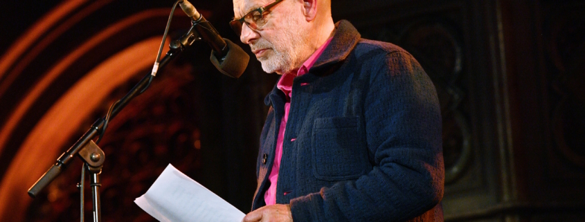 LONDON, ENGLAND - APRIL 18: Brian Eno speaks during SUMUD, a fundraising event for Palestine, organised by the Amos Trust, at Union Chapel on April 18, 2024 in London, England. Sumud, meaning 'steadfast perseverance' in Arabic, is a common term used to describe Palestinian non-violent, resistance against Israel's occupation. Amos Trust is a small, creative human rights organisation who have been working in Palestine for over 30 years with local and international peace activists, partnering with grass-roots projects, campaigning for Palestinian rights. (Photo by Jim Dyson/Getty Images)