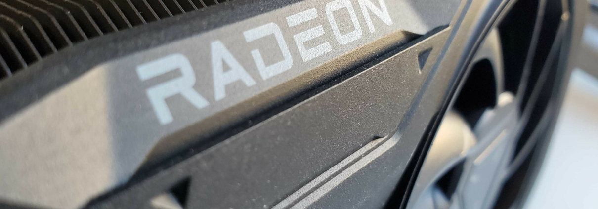 A photo of the AMD Radeon logo on a graphics card