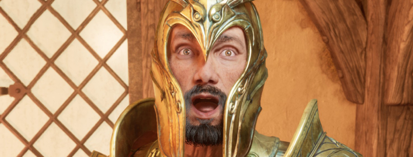 A surprised looking person wearing armor in Oblivion Remastered