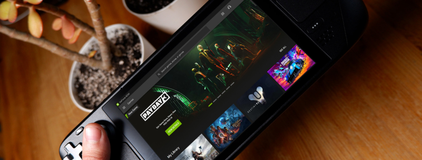 Valve Steam Deck with GeForce Now app overlaid on screen.
