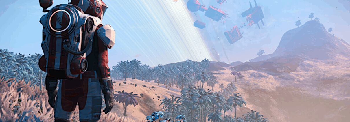 An image of an explorer from Hello Games' No Man's Sky, standing over a vast and verdant planet.