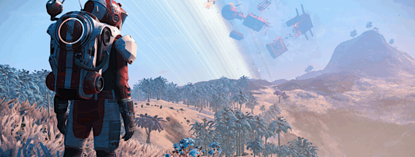 An image of an explorer from Hello Games' No Man's Sky, standing over a vast and verdant planet.