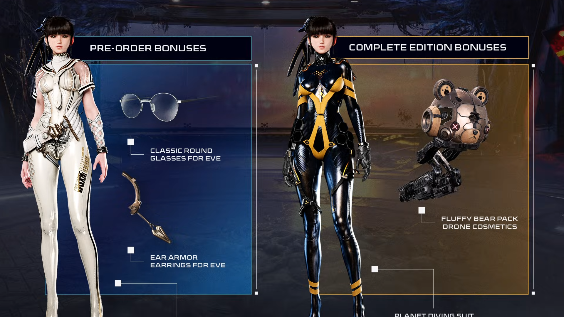 A graphic for Stellar Blade PC's pre-order and complete edition bonuses that include a pair of glasses and ear armor