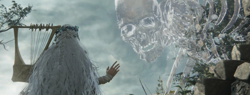 A giant skeleton looking at the Revenant
