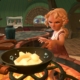 A hobbit standing over a pan in Tales of the Shire while they are cooking.