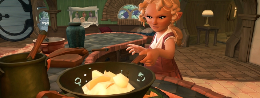 A hobbit standing over a pan in Tales of the Shire while they are cooking.