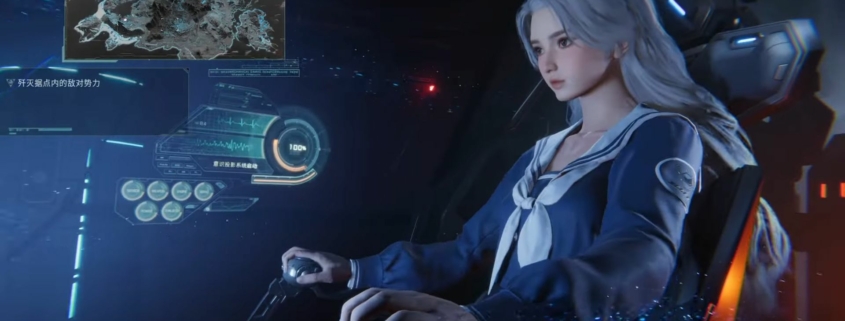 A girl in a school uniform pilots a giant robot