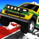 illustration of rally car making jump with blue sky and golden gate bridge in background.