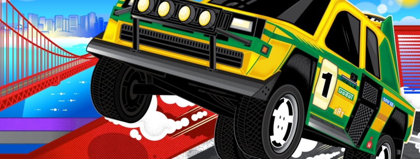 illustration of rally car making jump with blue sky and golden gate bridge in background.