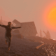 The protagonist of Baby Steps runs clumsily towards the camera with their arms aloft as the sun sets over a house in the background