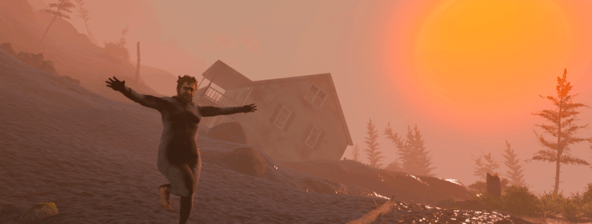 The protagonist of Baby Steps runs clumsily towards the camera with their arms aloft as the sun sets over a house in the background