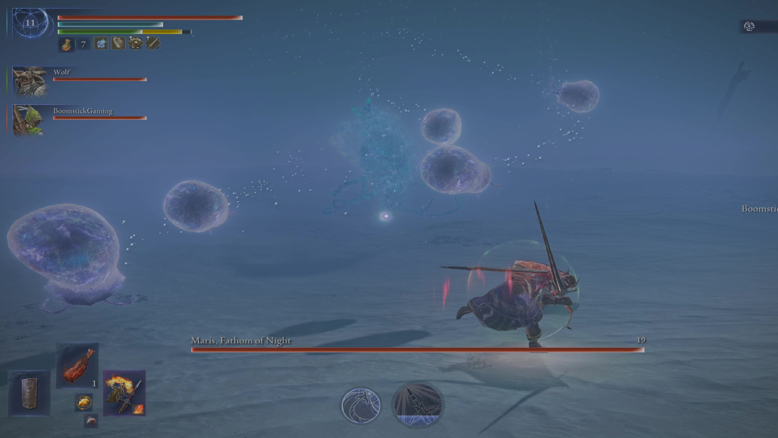 Elden Ring Nightreign Augur boss Maris guide: Maris attacking Wylder by summoning a wave of jellyfish.