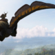 A dragon flying through the sky with a rider on its back toward a strange large round building