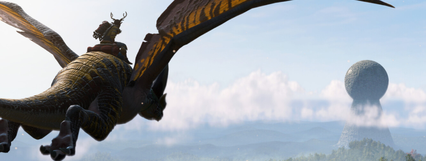 A dragon flying through the sky with a rider on its back toward a strange large round building