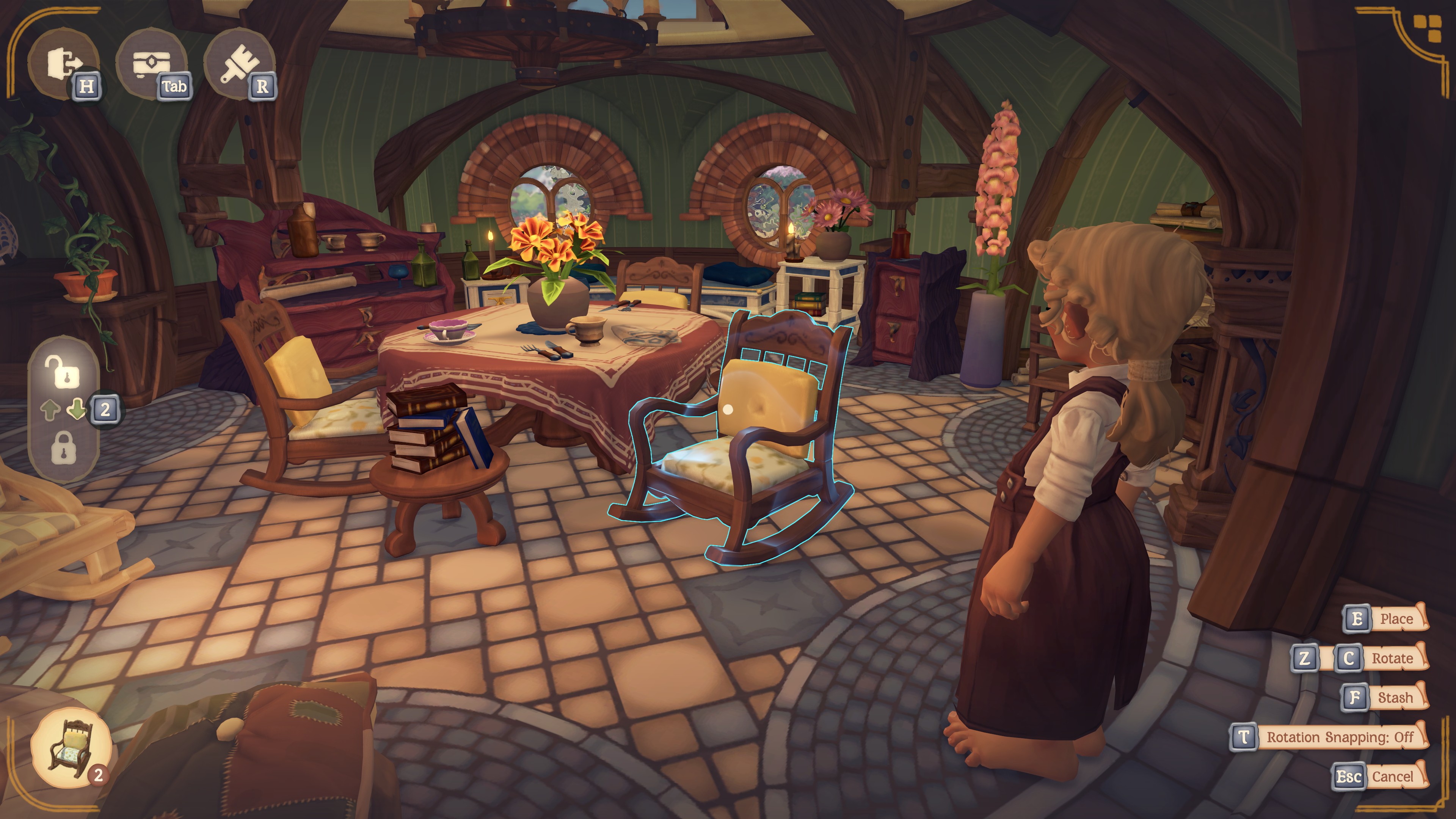 The Tales of the Shire decoration menu, with a hobbit placing chairs cluttered together beside a table, more chairs, furnishings, and cottagecore style decorations.